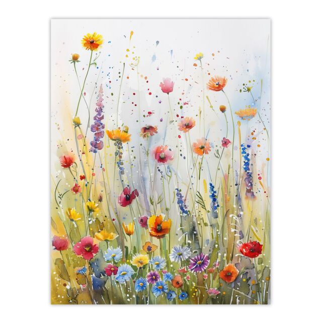 "Artery8 Spring Wildflower Meadow Watercolour Painting Wall Art Print in Green - Size: W18"" x H24""" - image 1