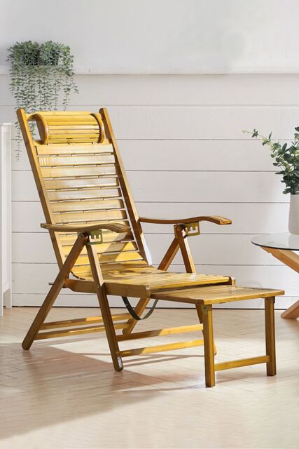 Living and Home Bamboo Foldable Recliner Lounge Chair with Retractable Footrest in Natural