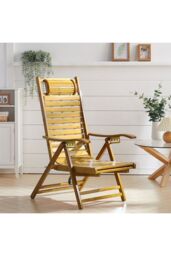Living and Home Bamboo Foldable Recliner Lounge Chair with Retractable Footrest in Natural - thumbnail 2