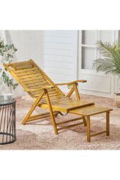 Living and Home Bamboo Foldable Recliner Lounge Chair with Retractable Footrest in Natural - thumbnail 6