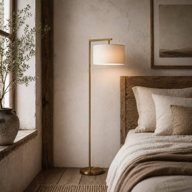 Wyld Haus Kesu Rolo Gold & White Modern Floor Lamp with Linen Shade 153 cm - image 1
