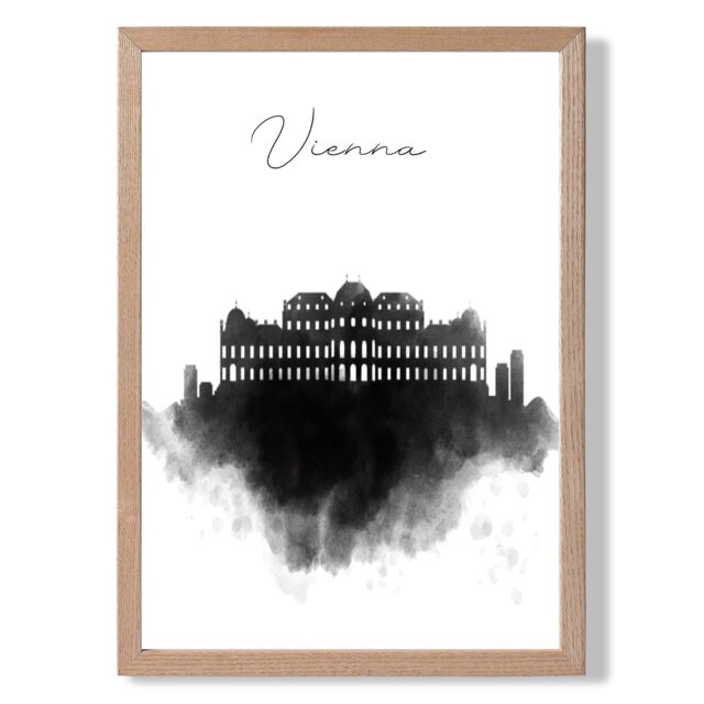 ARTZE Vienna Watercolour Skyline City Framed Print SIZE: A3 with Oak Frame in Black - Size: A4 - image 1