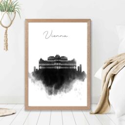 ARTZE Vienna Watercolour Skyline City Framed Print SIZE: A3 with Oak Frame in Black - Size: A4 - thumbnail 2