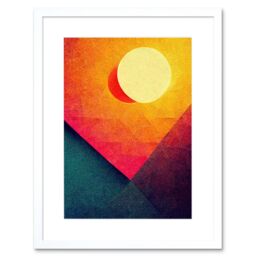 "Artery8 Wall Art Print Abstract Geometric Retro Eclipse Moon Sun Yellow Pink Teal Colourful Sunset Artwork Framed 9X7 Inch in White - Size: W7"" x H9""" - thumbnail 1