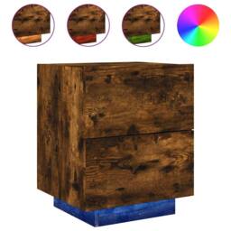 Berkfield Home Bedside Cabinet with LED Lights Smoked Oak Engineered Wood in Brown - thumbnail 1