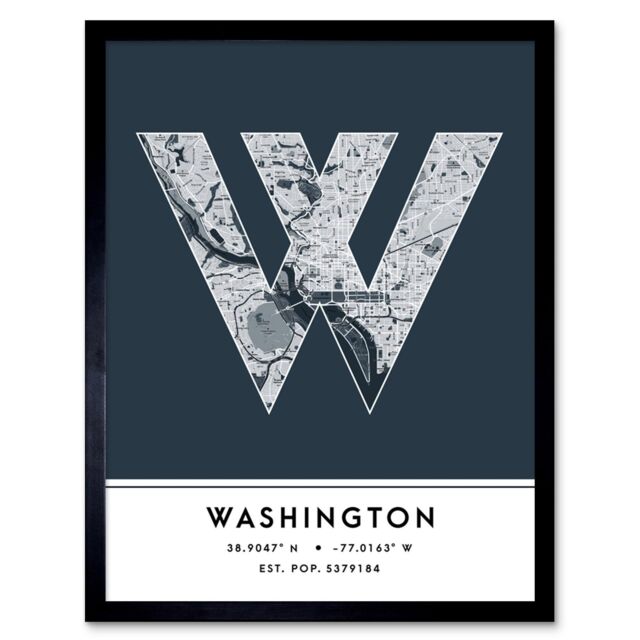 "Wee Blue Coo Wall Art Print Washington United States City Map Modern Typography Stylish Letter Framed Word in Navy - Size: W12"" x H16""" - image 1
