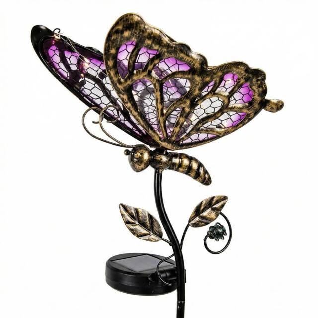 "Bright Zeal Solar Butterfly Lights 35"" Purple/Blue Glass Stake Auto On Off-Outdoor Decor in Purple" - image 1