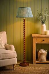 ValueLights Bobbin Leaf Printed Pleated Shade Walnut Bobble Floor Lamp in Mid Blue - thumbnail 2