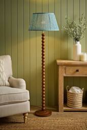ValueLights Bobbin Leaf Printed Pleated Shade Walnut Bobble Floor Lamp in Mid Blue