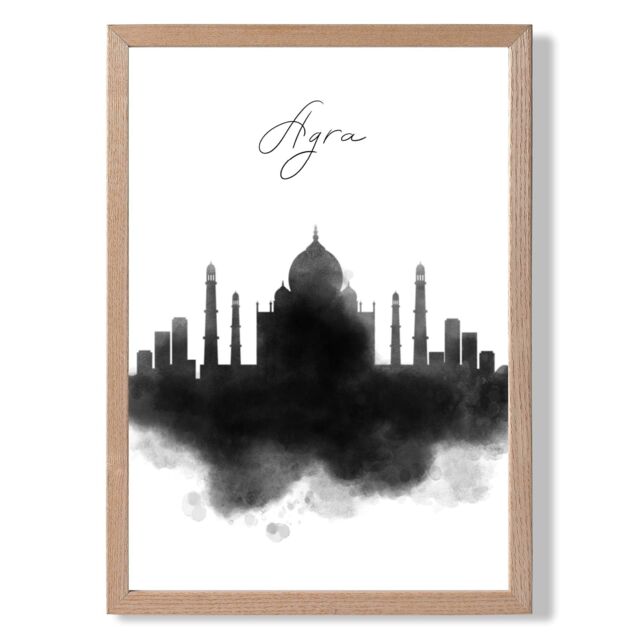ARTZE Agra Watercolour Skyline City Framed Print SIZE: A2 with Oak Frame in Black - Size: A4 - image 1