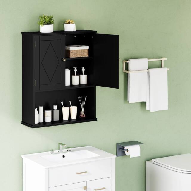 Costway Wooden Bathroom Wall Cabinet 2-Door Wall Mounted Medicine Cabinet in Black - image 1