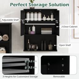 Costway Wooden Bathroom Wall Cabinet 2-Door Wall Mounted Medicine Cabinet in Black - thumbnail 7