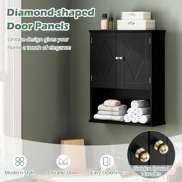 Costway Wooden Bathroom Wall Cabinet 2-Door Wall Mounted Medicine Cabinet in Black - thumbnail 9