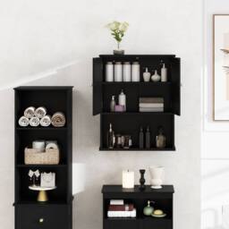 Costway Wooden Bathroom Wall Cabinet 2-Door Wall Mounted Medicine Cabinet in Black - thumbnail 4