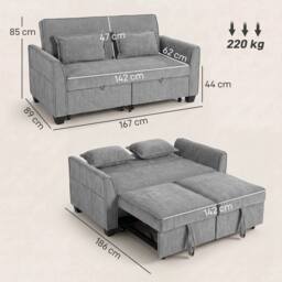 FORGEVIO 2 Seater Sofa Bed, 4-in-1 Convertible Pull Out Sleeper Sofa in Grey - Size: 0.6m2 - thumbnail 2