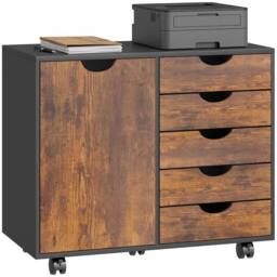 HOMCOM Modern Mobile 5-Drawer Cabinet w/ Door, Office Storage Cabinet in Brown - thumbnail 1