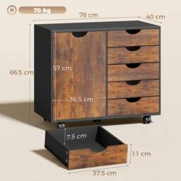HOMCOM Modern Mobile 5-Drawer Cabinet w/ Door, Office Storage Cabinet in Brown - thumbnail 3