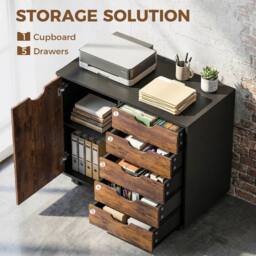 HOMCOM Modern Mobile 5-Drawer Cabinet w/ Door, Office Storage Cabinet in Brown - thumbnail 4
