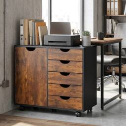 HOMCOM Modern Mobile 5-Drawer Cabinet w/ Door, Office Storage Cabinet in Brown - thumbnail 2