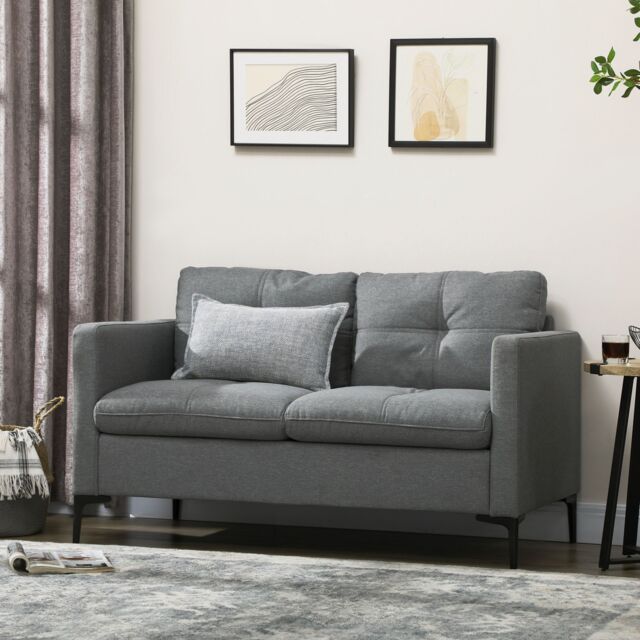 HOMCOM 133cm 2 Seater Sofa for Living Room Loveseat Sofa with Steel Legs in Dark Grey - image 1