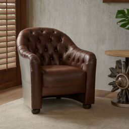 Orsina Classic Armchair with Buttoned Back, Leather Upholstered Chair, Luxe Accent Chair With Black Walnut Orb Feet in Brown