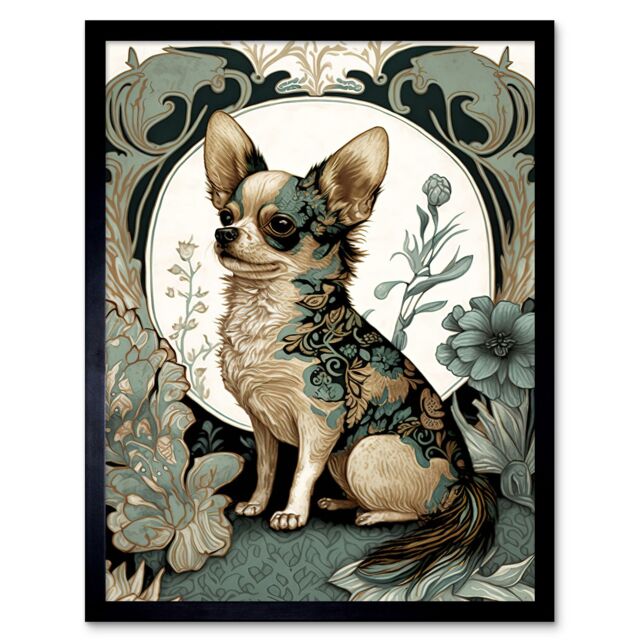 "Artery8 Wall Art Print Chihuahua Dog With Floral Pattern Fur Coat Modern Art Nouveau Portrait Art Framed in Black - Size: W12"" x H16""" - image 1