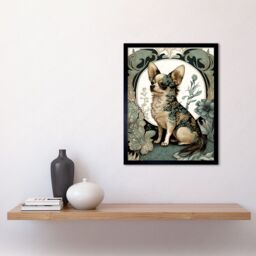 "Artery8 Wall Art Print Chihuahua Dog With Floral Pattern Fur Coat Modern Art Nouveau Portrait Art Framed in Black - Size: W12"" x H16""" - thumbnail 2