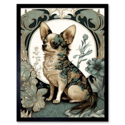 "Artery8 Wall Art Print Chihuahua Dog With Floral Pattern Fur Coat Modern Art Nouveau Portrait Art Framed in Black - Size: W12"" x H16""" - thumbnail 1
