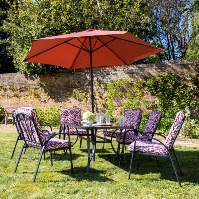 Hectare 6 Seater Dining Set with Reversible Cushions & Parasol in Wine - image 1