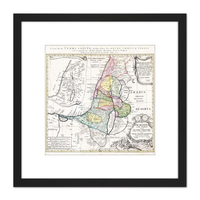 Artery8 Map Antique 1750 Homann Heirs Palestine 12 Tribes Replica 8X8 Inch Square Wooden Framed Wall Art Print Picture with Mount in Black - image 1