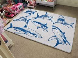 Benjamin Tate Design Graphical Set Of Blue Sharks Isolated On White Background Designer Rug in Natural - Size: Large - thumbnail 2