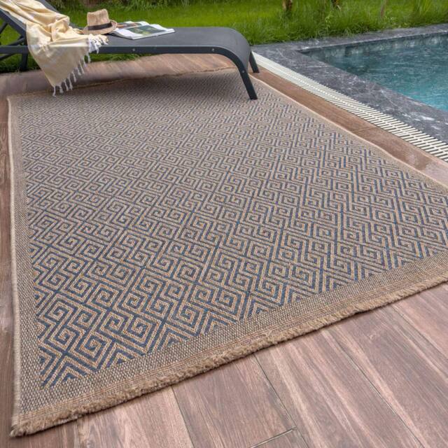 THE RUGS Jute Looking Greek Key Design Outdoor Rugs Garden Patio Nature 5100 in Blue - Size: 200 cm x 290 cm - image 1