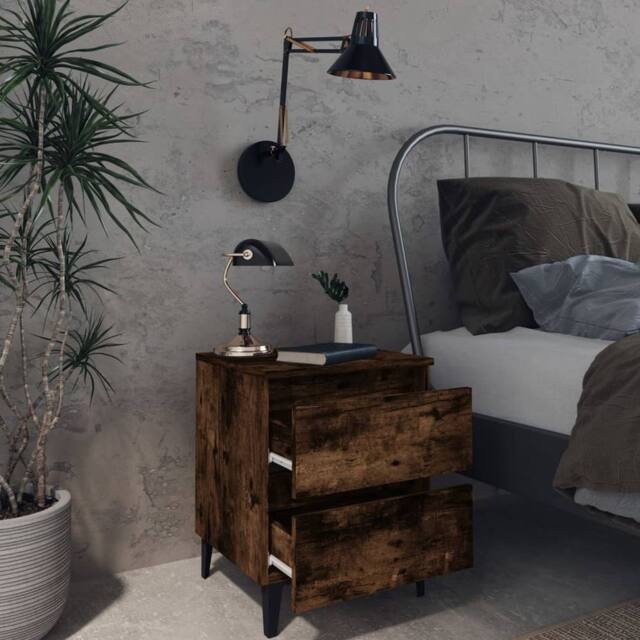 Berkfield Home Sturdy Bed Cabinets with Metal Legs 2 pcs Smoked Oak 40x35x50 cm in Brown - Size: 40 x 35 x 50 cm - image 1