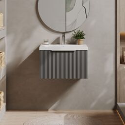 Balterley Fluted Wall Hung 1 Drawer Vanity Basin Unit & Basin 600mm - Satin Grey - thumbnail 2