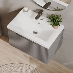 Balterley Fluted Wall Hung 1 Drawer Vanity Basin Unit & Basin 600mm - Satin Grey - thumbnail 3