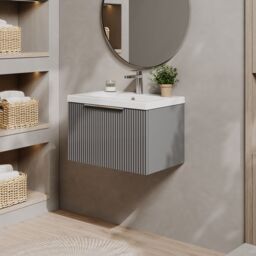 Balterley Fluted Wall Hung 1 Drawer Vanity Basin Unit & Basin 600mm - Satin Grey - thumbnail 4