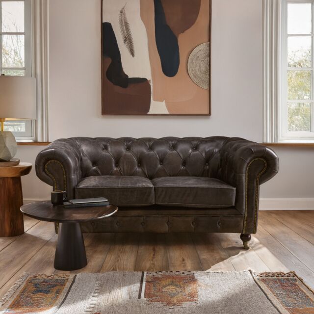 Orsina 2 Seat Grey Leather Sofa-Chesterfield Design Couch With Stud Detail-Velvet Sofa With Rolled Armrests - image 1
