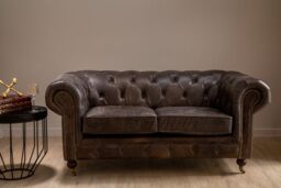 Orsina 2 Seat Grey Leather Sofa-Chesterfield Design Couch With Stud Detail-Velvet Sofa With Rolled Armrests - thumbnail 2
