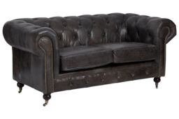 Orsina 2 Seat Grey Leather Sofa-Chesterfield Design Couch With Stud Detail-Velvet Sofa With Rolled Armrests - thumbnail 6