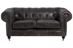Orsina 2 Seat Grey Leather Sofa-Chesterfield Design Couch With Stud Detail-Velvet Sofa With Rolled Armrests - thumbnail 4