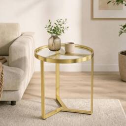 HOMCOM Round Side Table with Tempered Glass Top & Metal Frame, Gold Tone - thumbnail 1