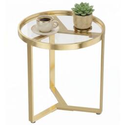 HOMCOM Round Side Table with Tempered Glass Top & Metal Frame, Gold Tone - thumbnail 2