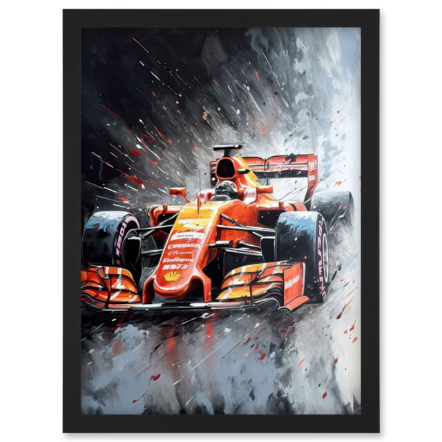 Artery8 Race Car & Driver Grand Prix Orange & Grey Artwork Framed Wall Art Print A4 in Black - image 1