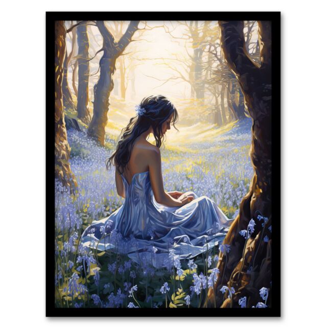 "Artery8 Blue Belle In Bluebell Wood In Floral Forest Landscape Artwork Art Print Framed Poster Wall Decor in Black - Size: W12"" x H16""" - image 1