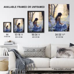 "Artery8 Blue Belle In Bluebell Wood In Floral Forest Landscape Artwork Art Print Framed Poster Wall Decor in Black - Size: W12"" x H16""" - thumbnail 3