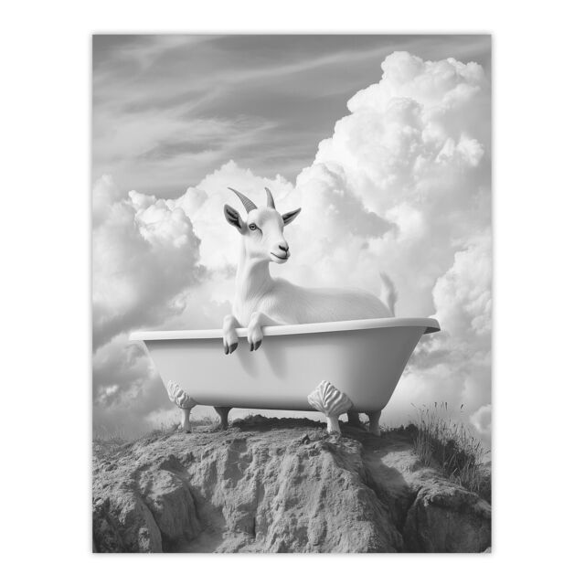 "Artery8 Goat in a Bathtub on a Hill Black White Surreal Wall Art Print in Grey - Size: W18"" x H24""" - image 1