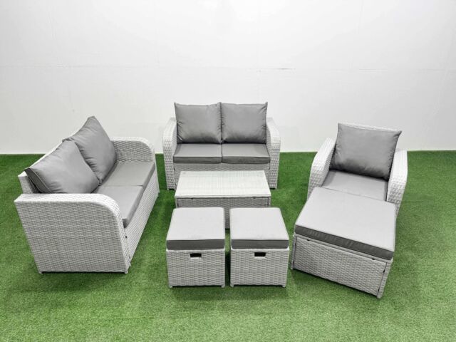 Fimous High Back Poly Rattan Garden Furniture Set w/ Reclining Chair Loveseat Sofa Rectangular Coffee Table Indoor Outdoor Patio Set 3 Stools Light - image 1