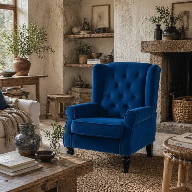 Wyld Haus Topano Blue Velvet Feel Wingback Accent Armchair Diamond Button Tufted - image 1