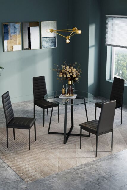 Living and Home 5pcs Dining Table Set of 4 Modern Faux Leather Dining Chairs and Tempered Glass Table in Black - image 1