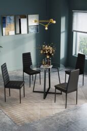 Living and Home 5pcs Dining Table Set of 4 Modern Faux Leather Dining Chairs and Tempered Glass Table in Black - thumbnail 1